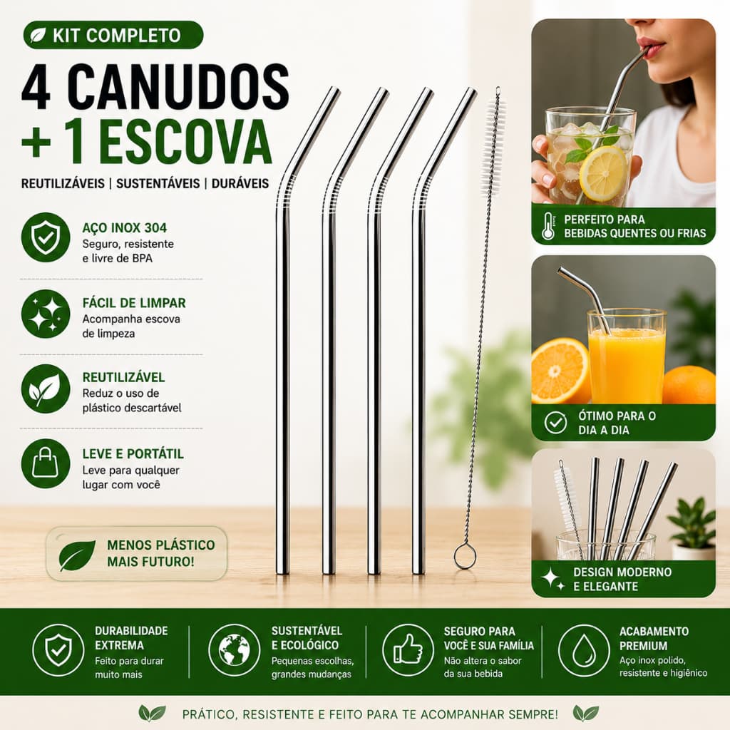 kit 4 Canudos  Combo  Inox Curvos com Escova Ecológico Reutilizáveis Laváveis