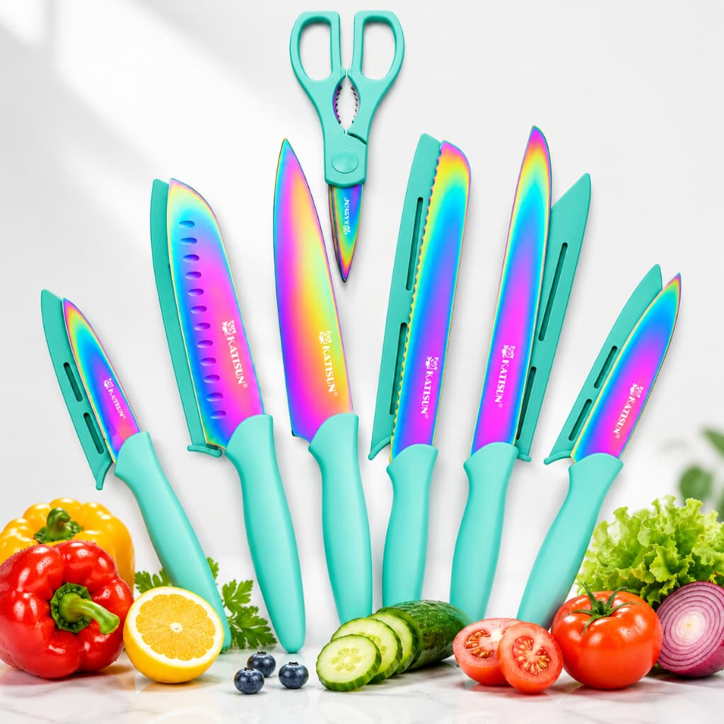 Jogo De Facas Para Cozinha 7 Pçs com Bainha Protetora com Revestimento de Titânio  para Lava-Louças