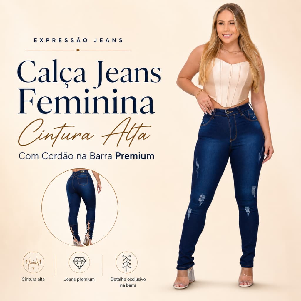 Calça feminina jeans cintura alta com cordão na barra premium