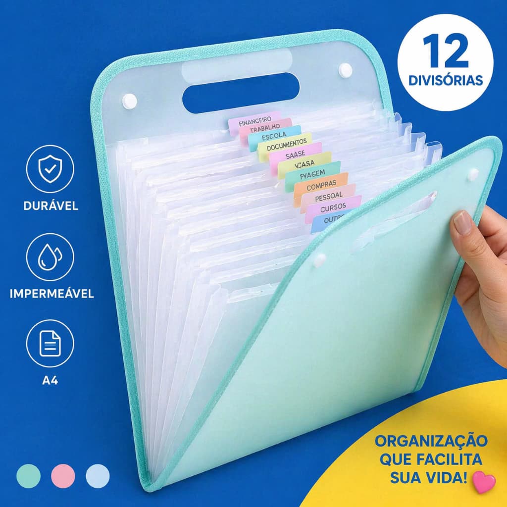 Pasta Sanfonada A4 12 Divisórias Organizadora de Documentos Expansível Rosa Branco Azul Verde