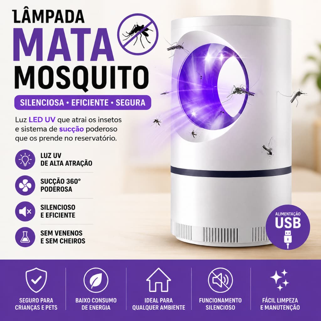 Lâmpada Mata Mosquito LED USB Mata Pernilongo Armadilha Eletrônica Silenciosa Luz UV Bivolt