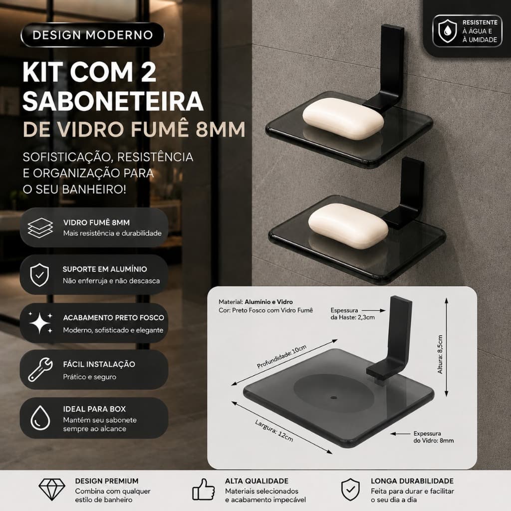 Kit 2 Saboneteiras Banheiro Vidro Fumê 8mm Suporte Alumínio Preto Fosco Premium