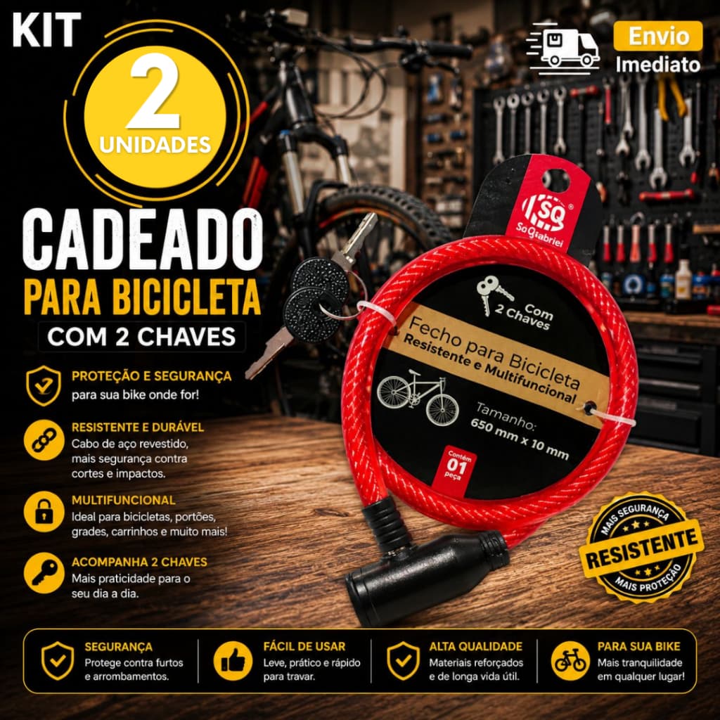 Corrente Cadeado Bicicleta Trava de Segurança Com Chave 650 x 10 mm 2 e 1 Unidade