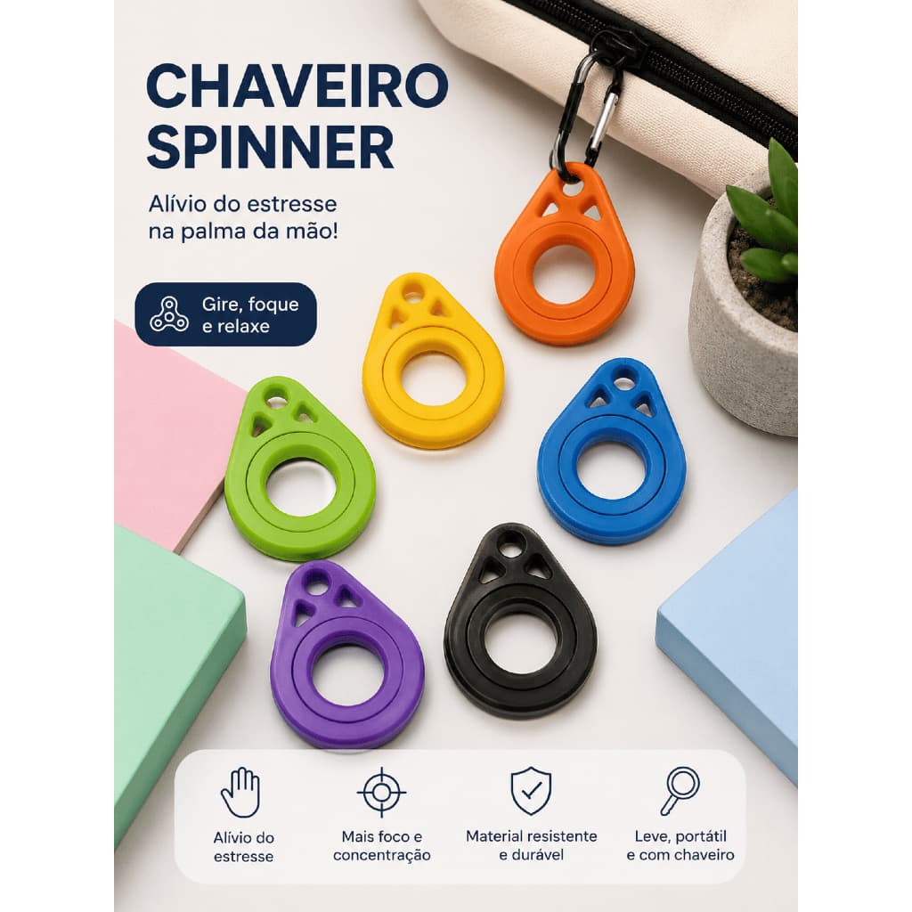 Spinner Chaveiro Antiestresse Fidget Toy Giratório Portátil Colorido