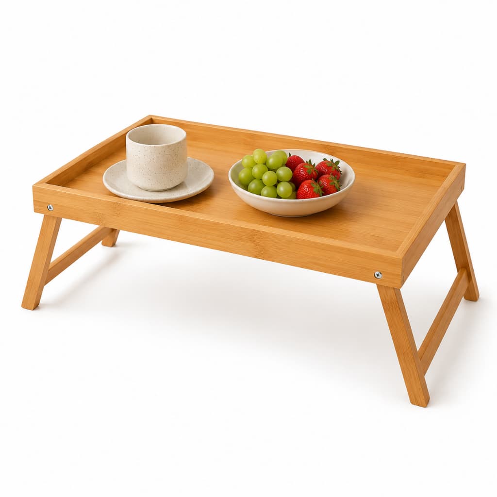 Mesa Bandeja Bambu 40cm Café Da Manhã Cama Sofá Pés Dobráveis Multiuso Momentos Especiais