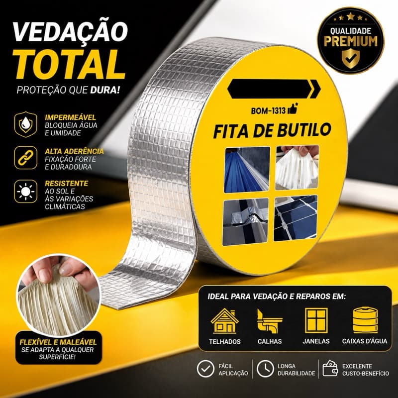 Fita de Butilo BOM-1313 Impermeável 100% – Vedação Anti Vazamento, Ultra Adesiva para Telhados, Calhas e Reparos