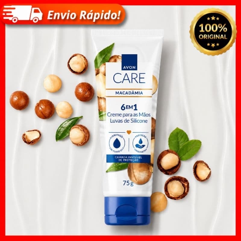 Creme para as Mãos Avon Care Macadâmia 6 em 1 Luvas de Silicone 75g