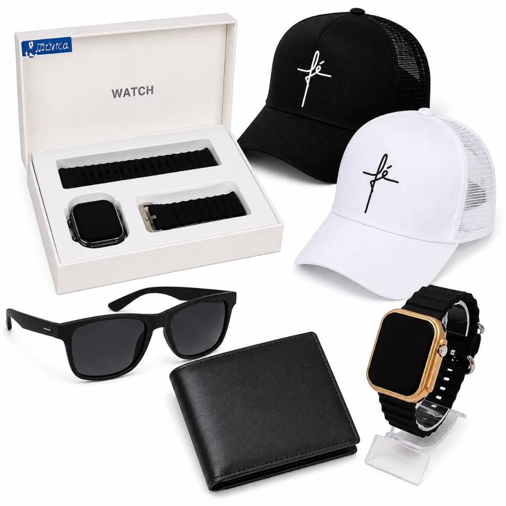 Kit Presente Masculino Boné grife + Carteira de Couro+ Óculos + Relógio Premium Prova Dagua