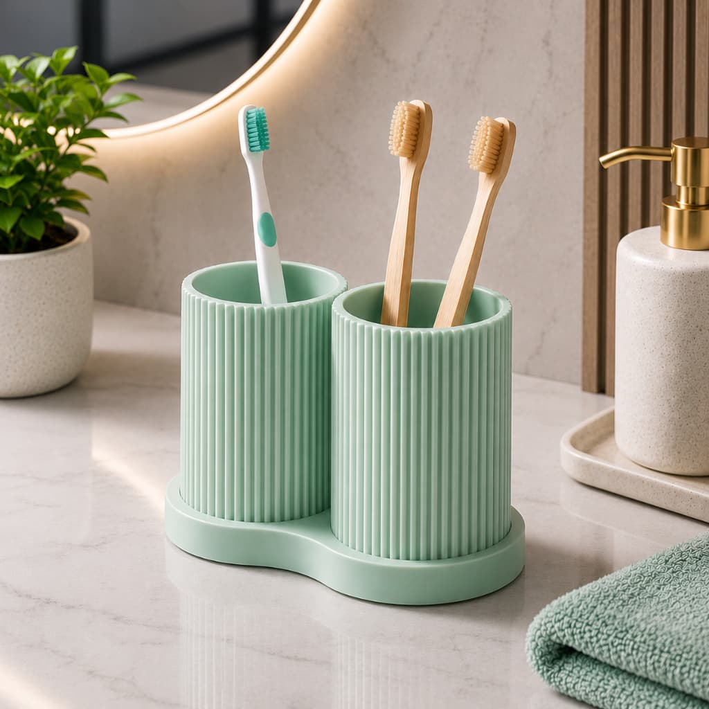 Porta Escova de Dente Duplo Organizador de Bancada para Banheiro Lavabo com Dois Compartimentos Modernos