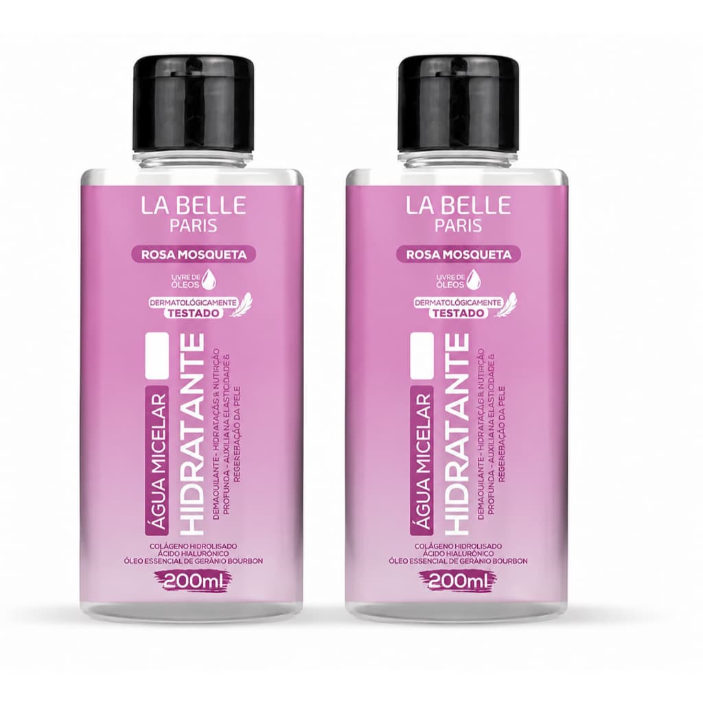 Kit com 02 Água Micelar Hidratante Rosa Mosqueta La Belle Paris 200ml | Limpa, Demaquila, Hidrata e Tonifica a Pele