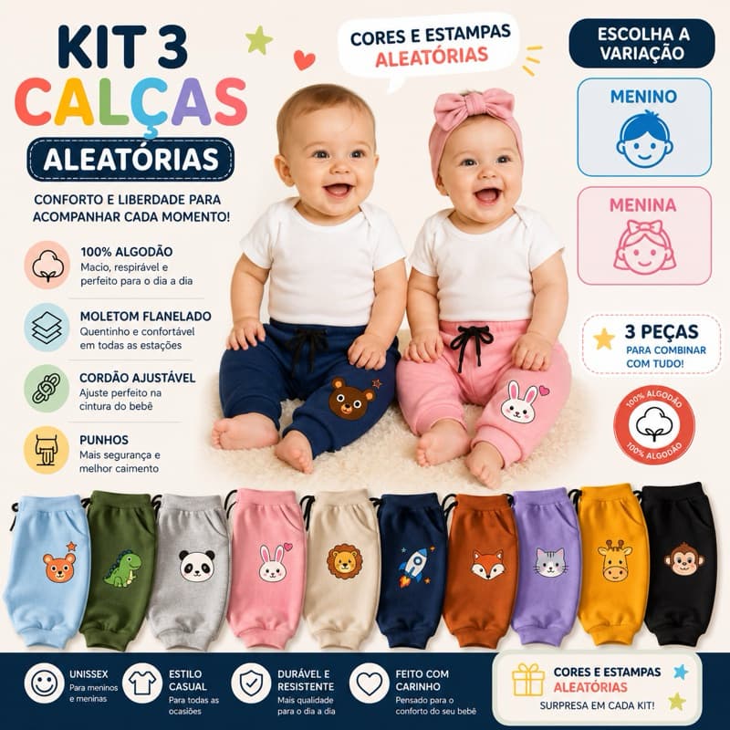 Kit 3 calças aleatórias - Menino e Menina Bebê