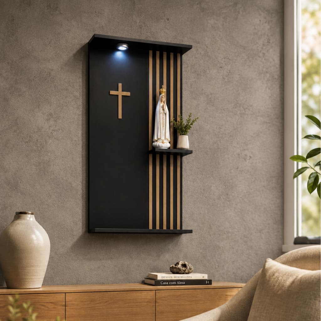 Oratório Católico Religioso MDF Preto Painel Altar Para Santo Com Luminária Led