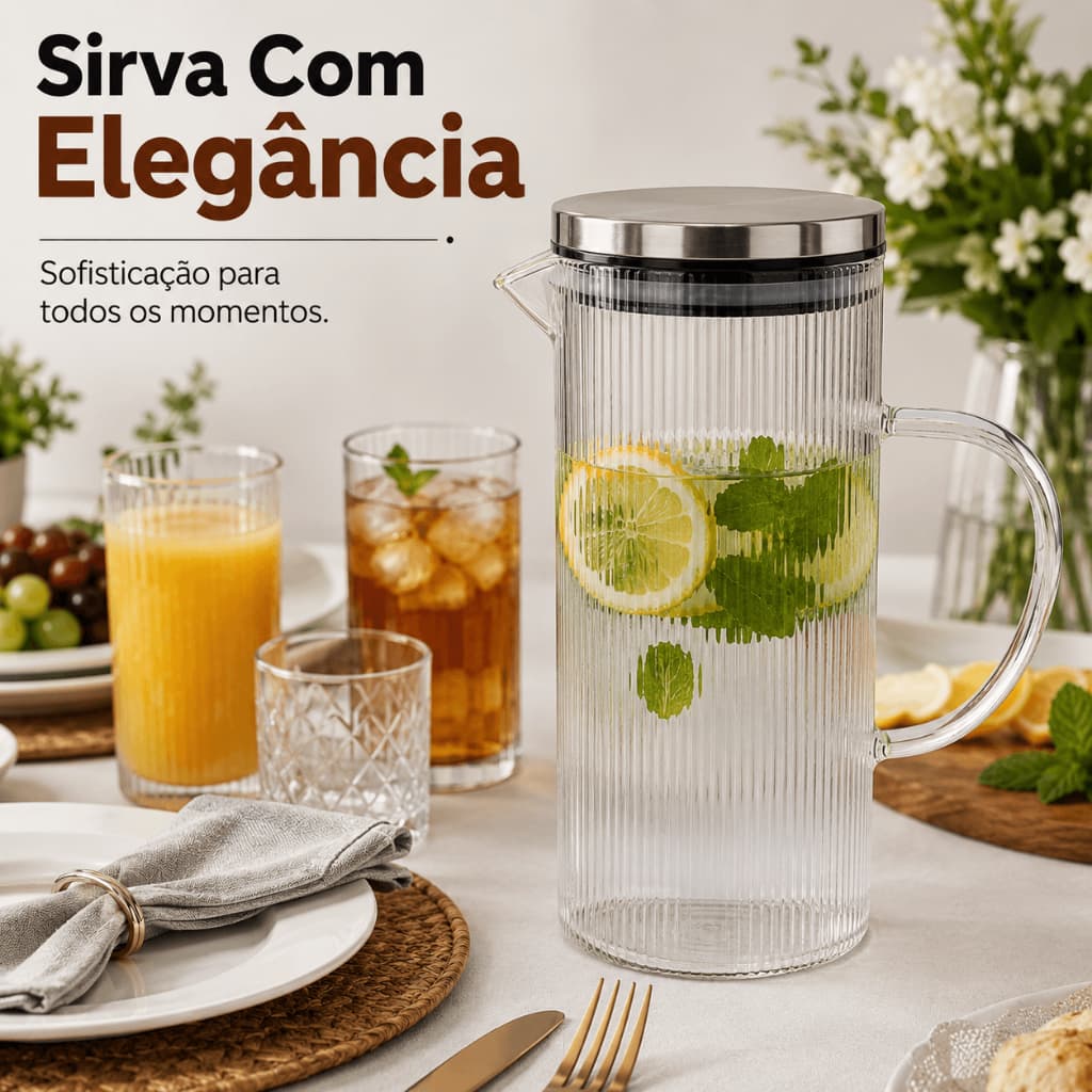 Jarra de Vidro Borossilicato 1,4L Canelada com Tampa Inox Transparente Marine