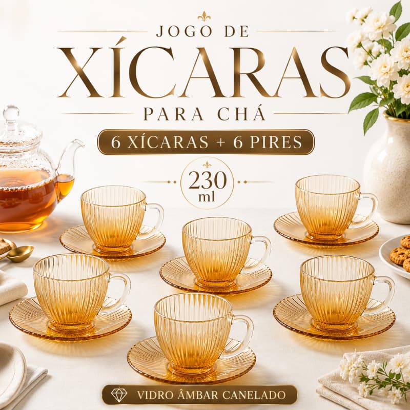 Jogo de Xícaras para Chá 230ml Hauskraft 6 Xícaras 6 Pires Vidro Âmbar Canelado Kit 12 Peças |JGCH065/AB| Lançamento