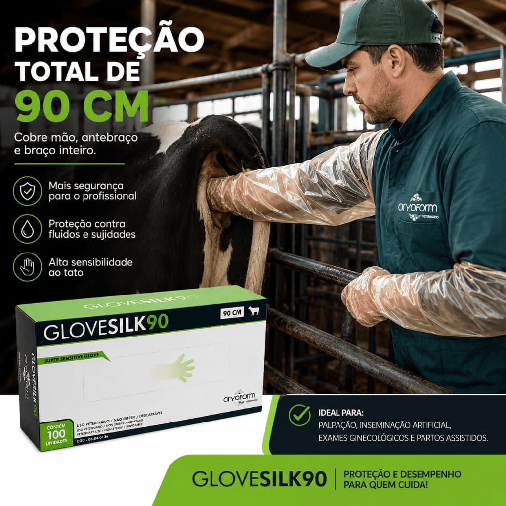 Luva Veterinária GloveSilk90 Cryofarm EVA 90cm Caixa 100un Inseminação Palpação