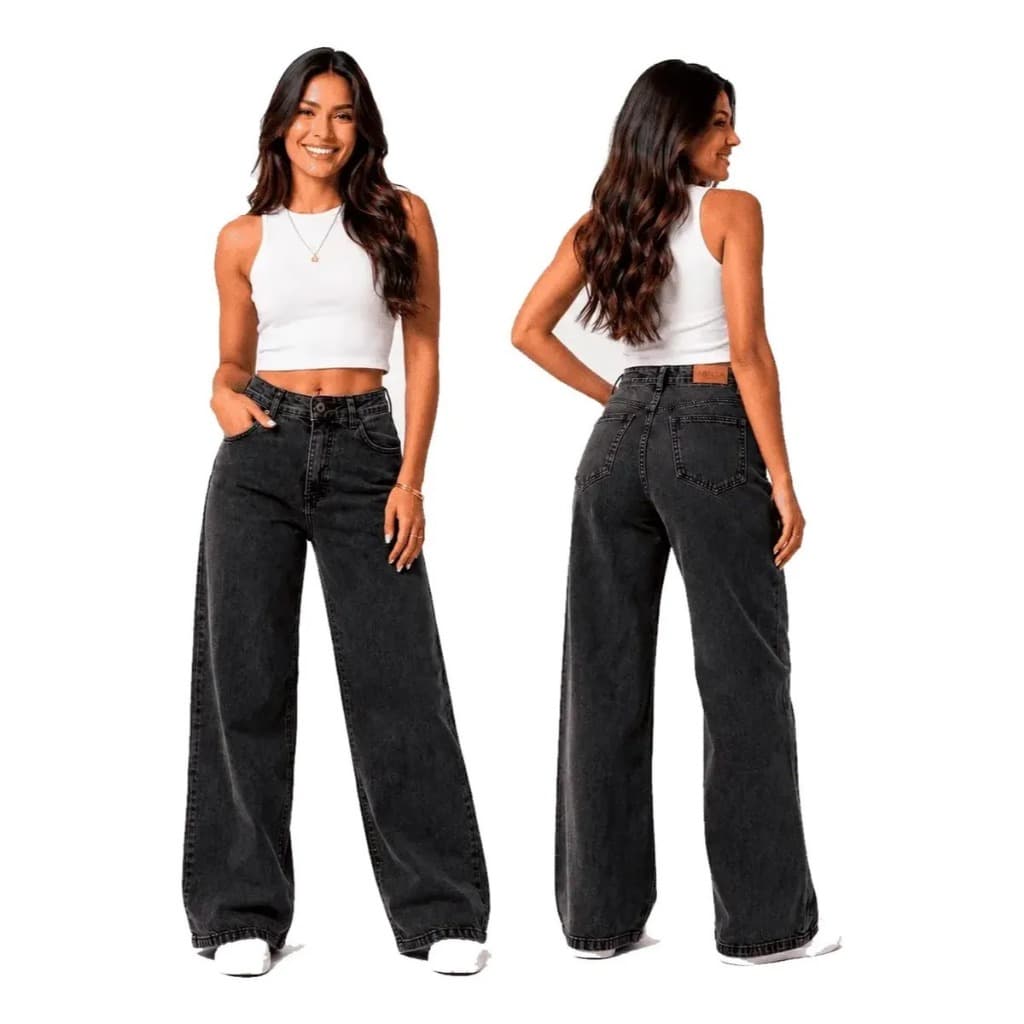 Calça Jeans Feminina Cargo Wide Leg Bolso Lateral Flare Skatista Pantalona