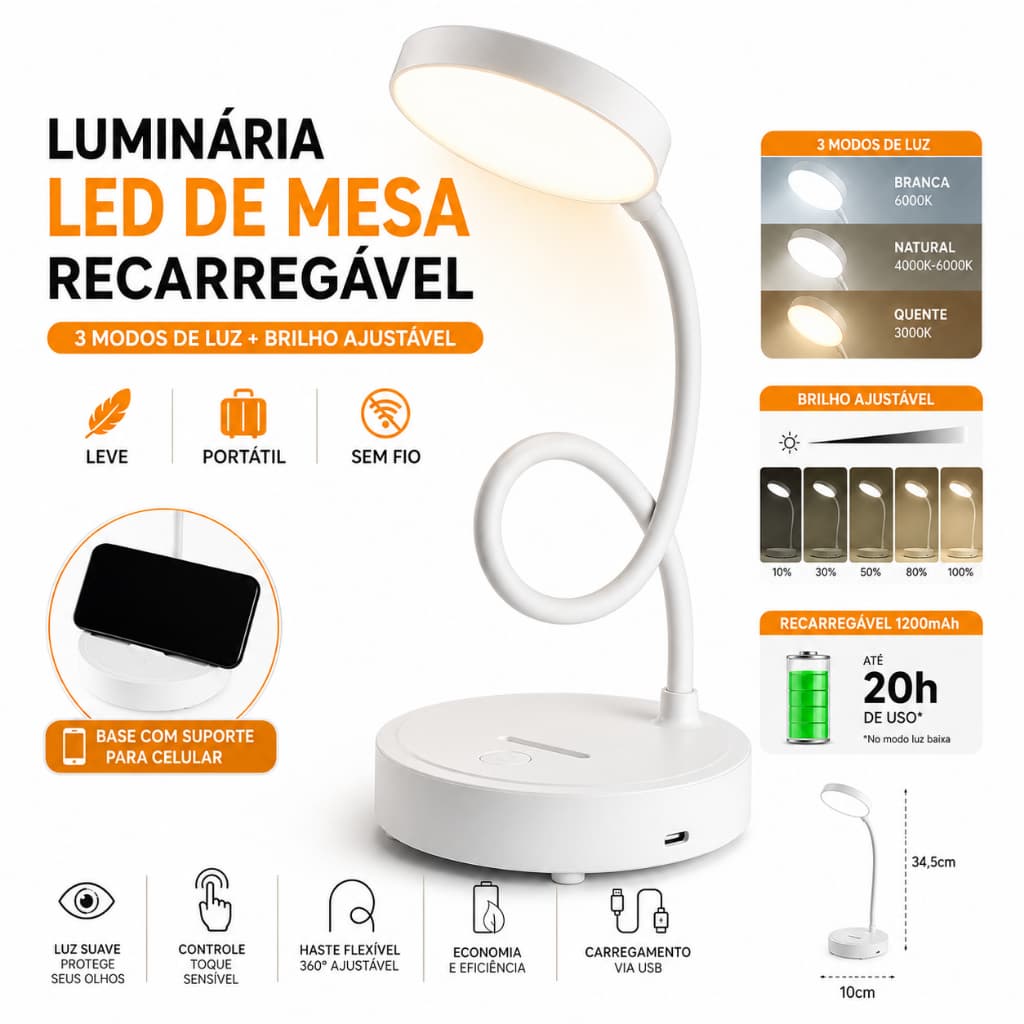 Luminária de Mesa LED Recarregável USB Touch 3 Cores Haste Flexível Sem Fio