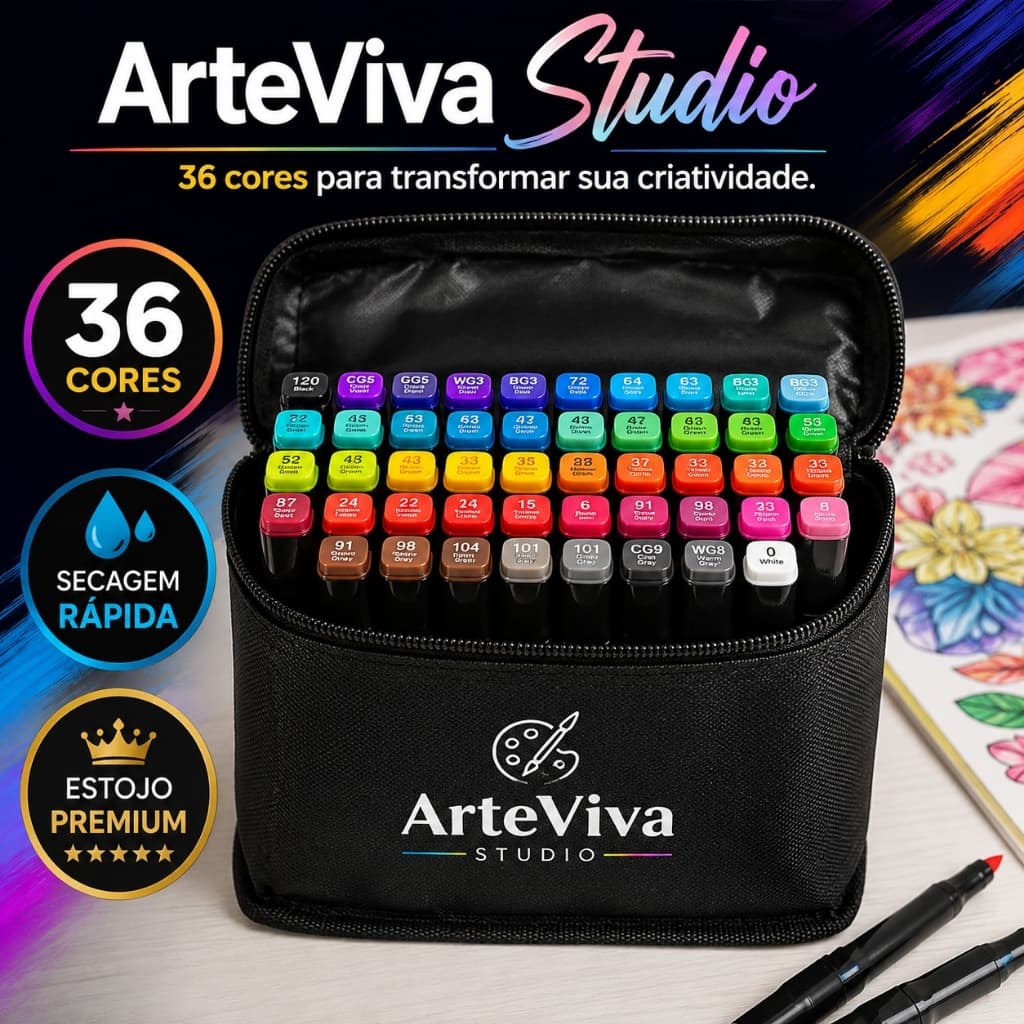 Kit Canetas Hidrográficas 36 Cores Estojo Organizador Tinta Secagem Rápida ArteViva Studio