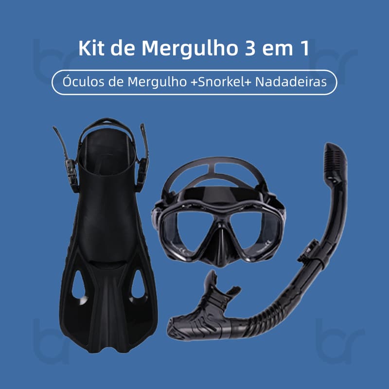 Kit Mergulho 3 em 1 Adulto Óculos Snorkel Nadadeiras Lente Vidro Temperado Praia Piscina