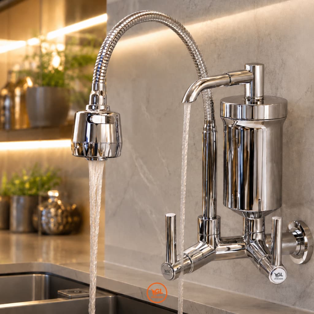 Torneira com Filtro Gourmet Parede Cromada Cano Flexível Inox 2 Jatos Purificador Cozinha Luxo ABS