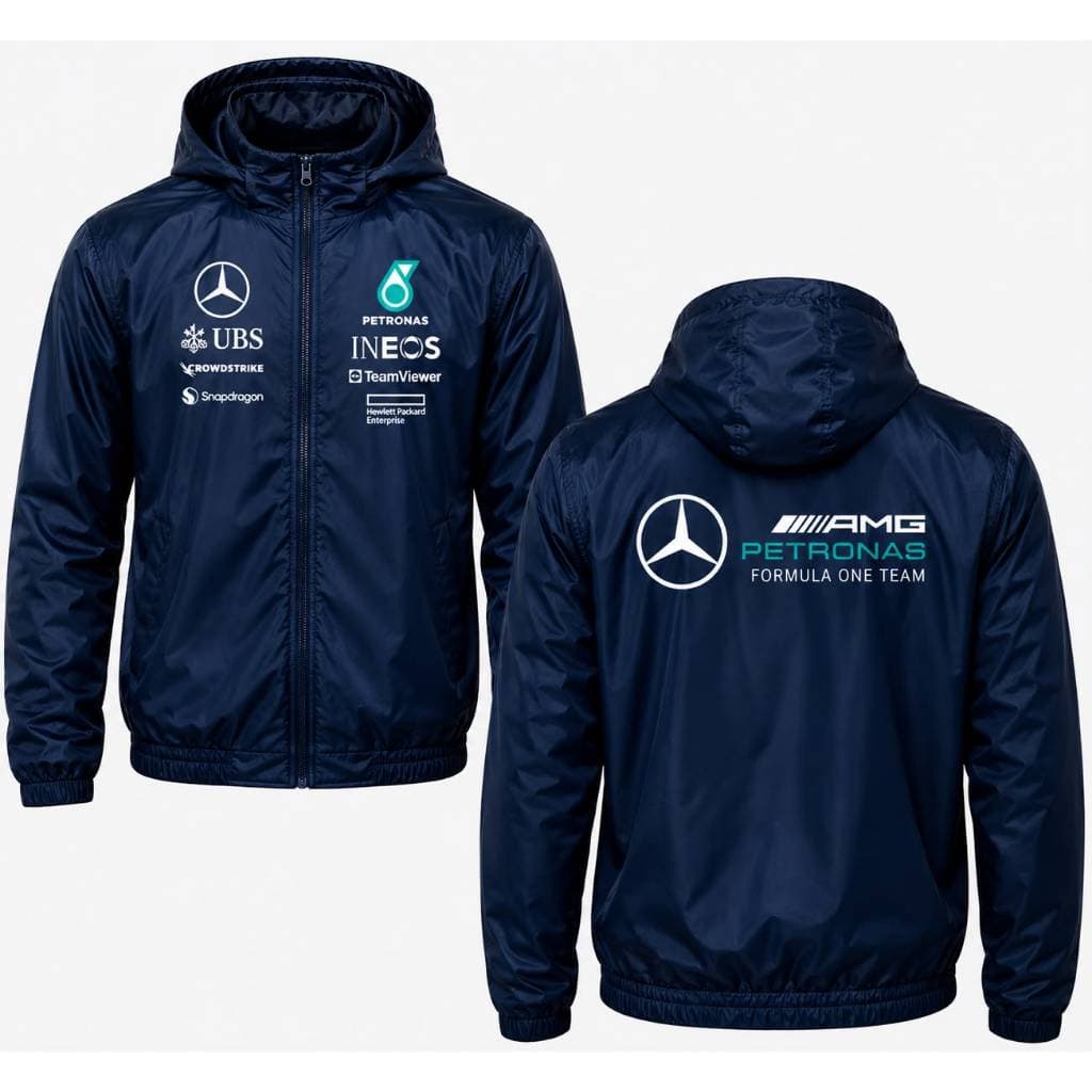 Jaqueta Corta Vento Masculino Marca Carro Racing F1 Mercedes Impermeável Esportiva Com Capuz Estampada Premium P ao XG