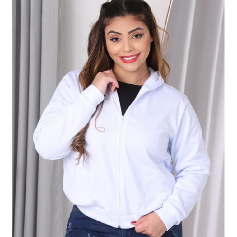 Casaco Blusa Moletom Poliéster Liso Feminina Basico com Toca e Ziper Colorido Para Toda Ocasião