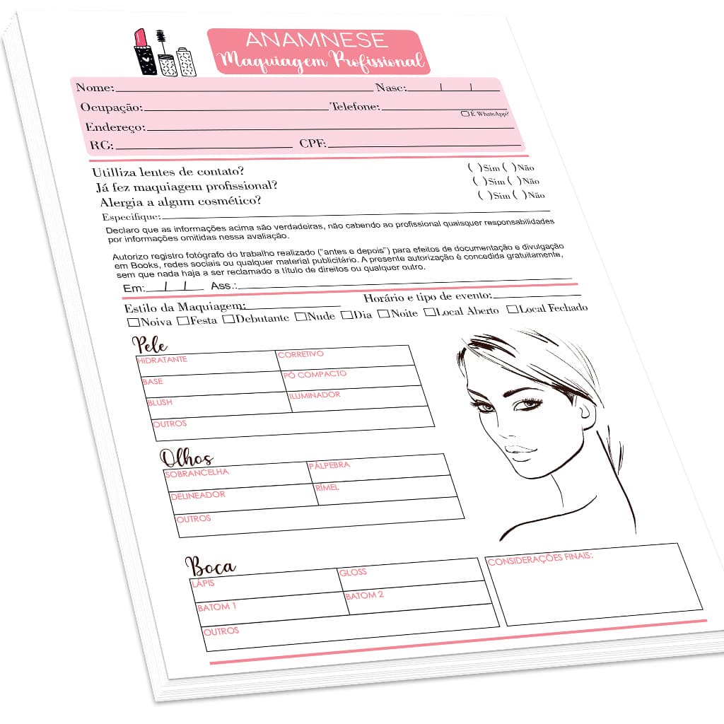 Ficha Bloco de Anamnese Maquiagem (100 folhas ) Anamnese Makeup