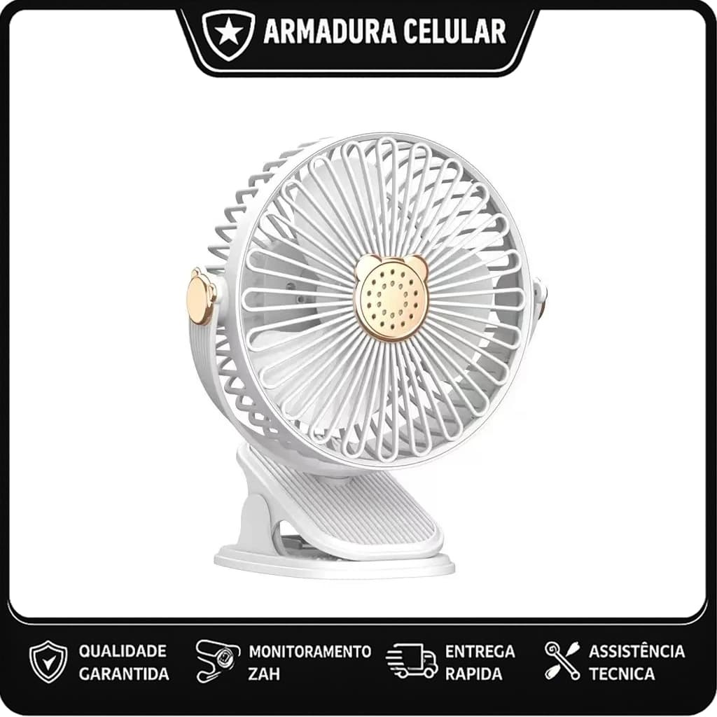 Ventilador Portátil Clip 5 Velocidades USB LED 720° Rotação Poderoso