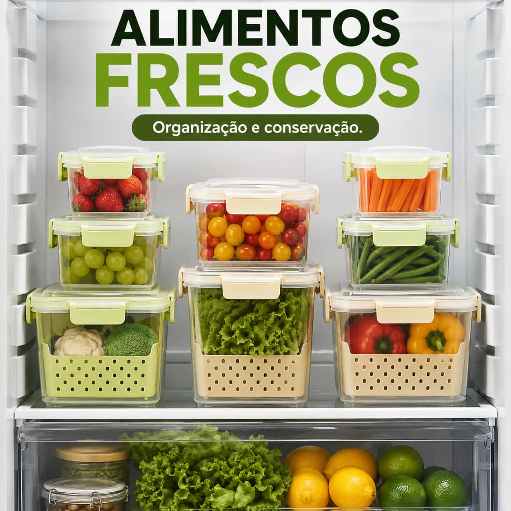 Kit 5 Potes Herméticos com Tampa e Cesto Organizador Geladeira Frutas Verduras BPA Free