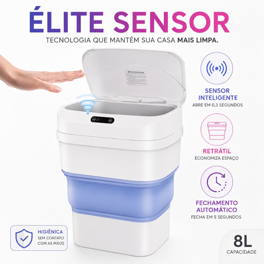 Lixeira Automática Sensor De Movimento 8 Litros Retrátil Inteligente ABS Banheiro Cozinha T&Z