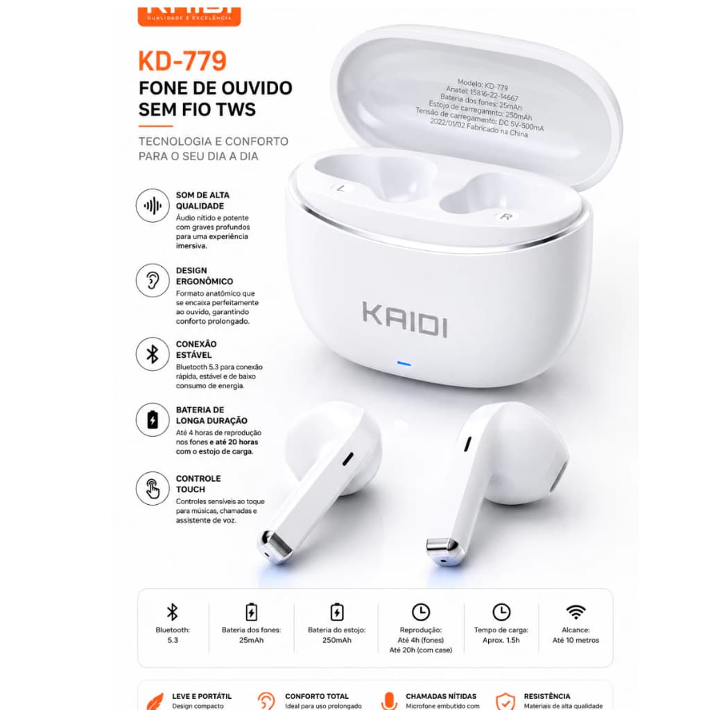 Fone de Ouvido Sem fio Bluetooth novo Kaidi KD-779 PROMOCAO