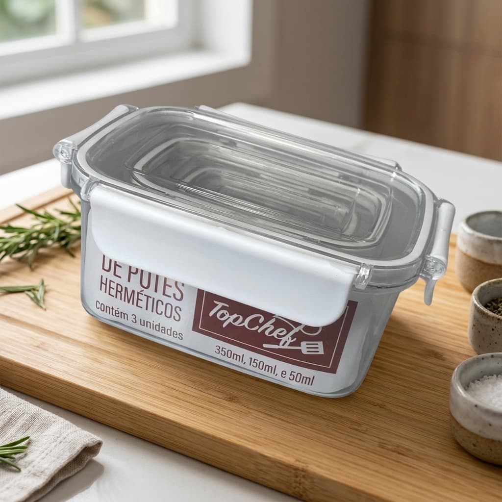 Conjunto 3 Potes Hermeticos Retangular Tampa Vedacao Segura Conservacao Alimentos Cozinha