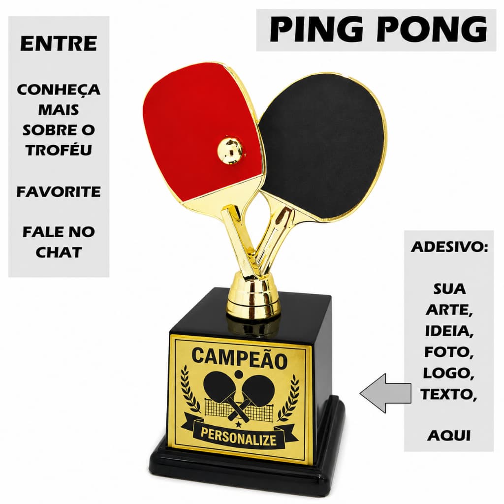 1 a 4 Troféu Ping Pong Raquetes Color Ouro 17cm BV5 {Personalizo} Tênis Mesa 3º Lugar