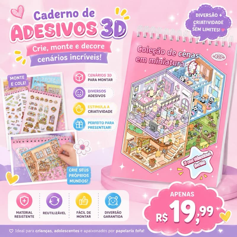 Caderno de Adesivos 3D DIY Miniatura | Livro de Cenários 3D para Montar | Criativo Infantil e Colecionável