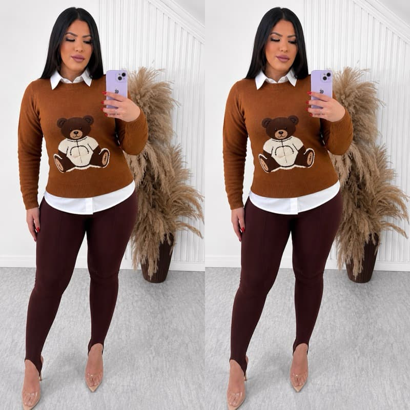 🧸 Conjunto Feminino Tricô Mousse Ursinho + Calça Térmica Flanelada com Pezinho (Adulto)