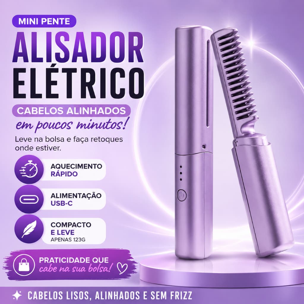 Mini Pente Alisador Elétrico Portátil Bivolt USB-C Anti Frizz Aquecimento Rápido Para Cabelos