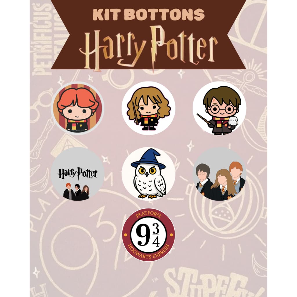Kit 7 Bottons Harry Potter Broches Pins Geek Para Mochila Roupas