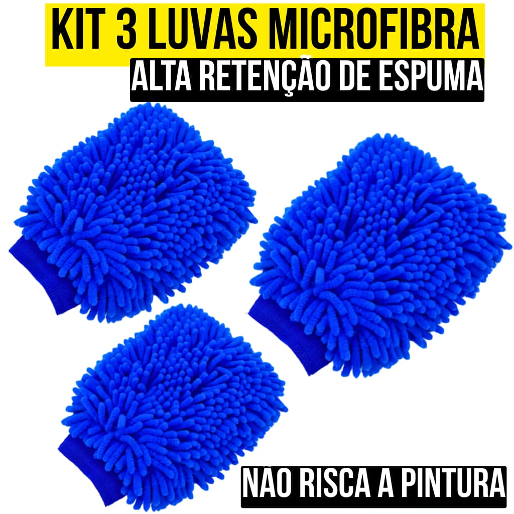 Kit C/3 Luvas De Microfibra Grande Para Limpeza Profunda Alta Absorção Não Risca A Pintura Do Veiculo