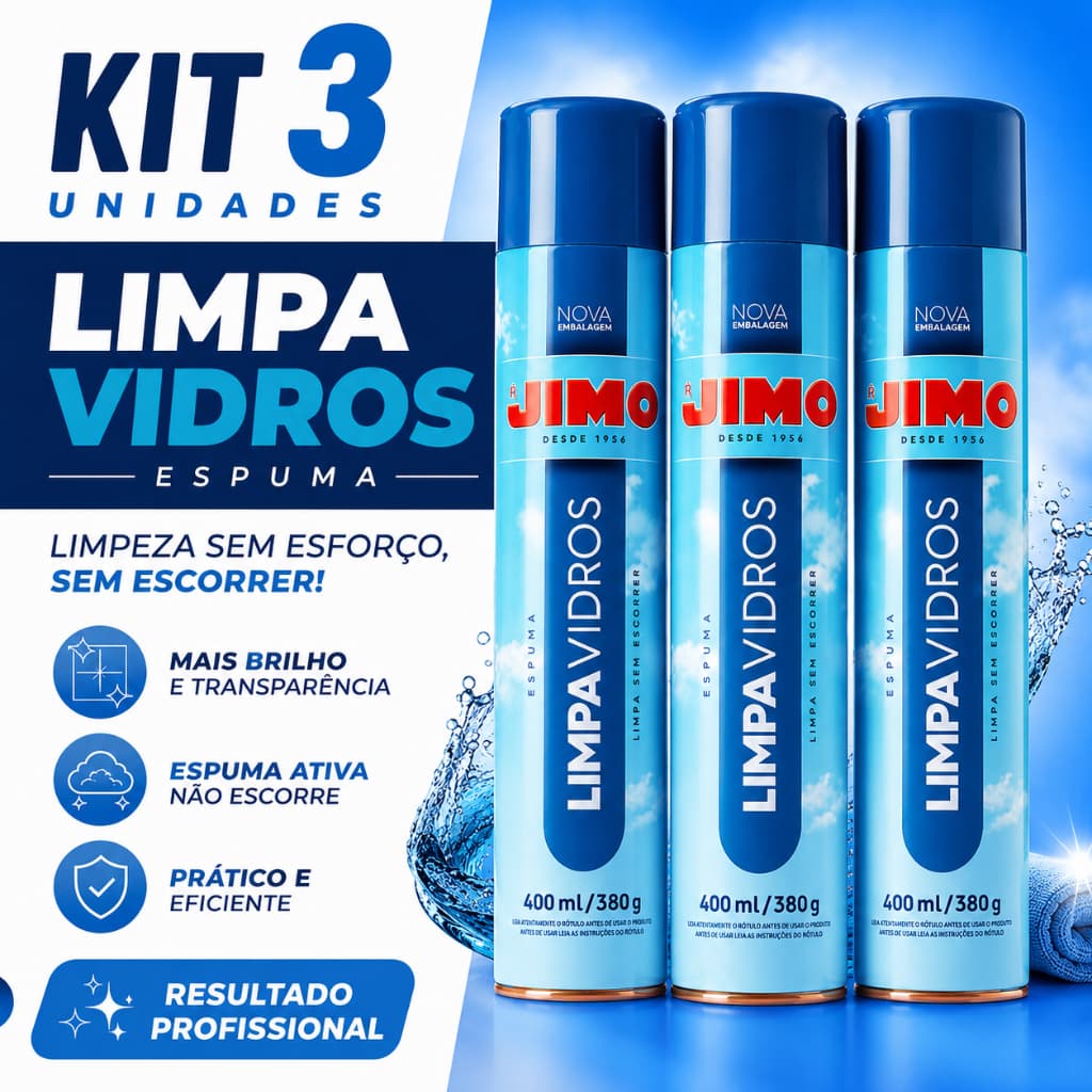Kit 3 Limpa Vidros Jimo 400ml Spray Aerossol Espelhos Box Acrílico Brilho Profissional