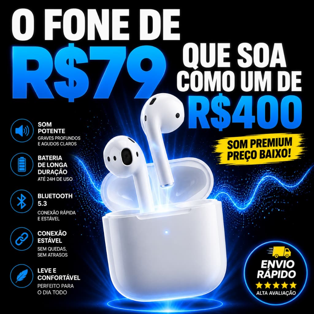 Fone de Ouvido Sem Fio Bluetooth TWS Original Hi-Fi Estéreo Android iOS