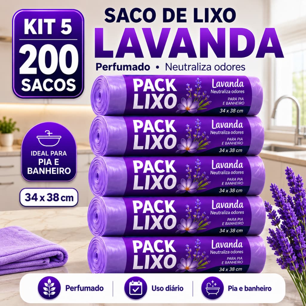Kit 5 Rolos Saco de Lixo Perfumado Lavanda 8L 200 Unidades 34x38 Banheiro Pia