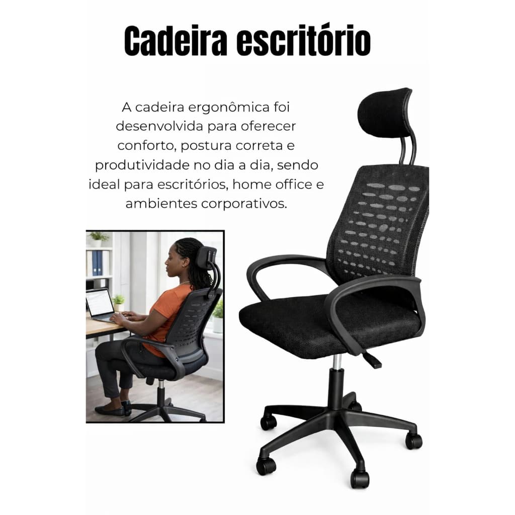 Cadeira Luxo Ergonômica Preta Altura Ajustável Escritório Estudos Conforto Postura Correta apoio de cabeça