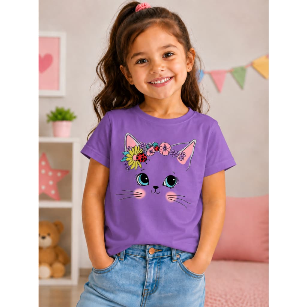 Camiseta Para Meninas Infantil CUTE Gatinho Fofo Blusa Algodão Tecido Premium 2 ao 16