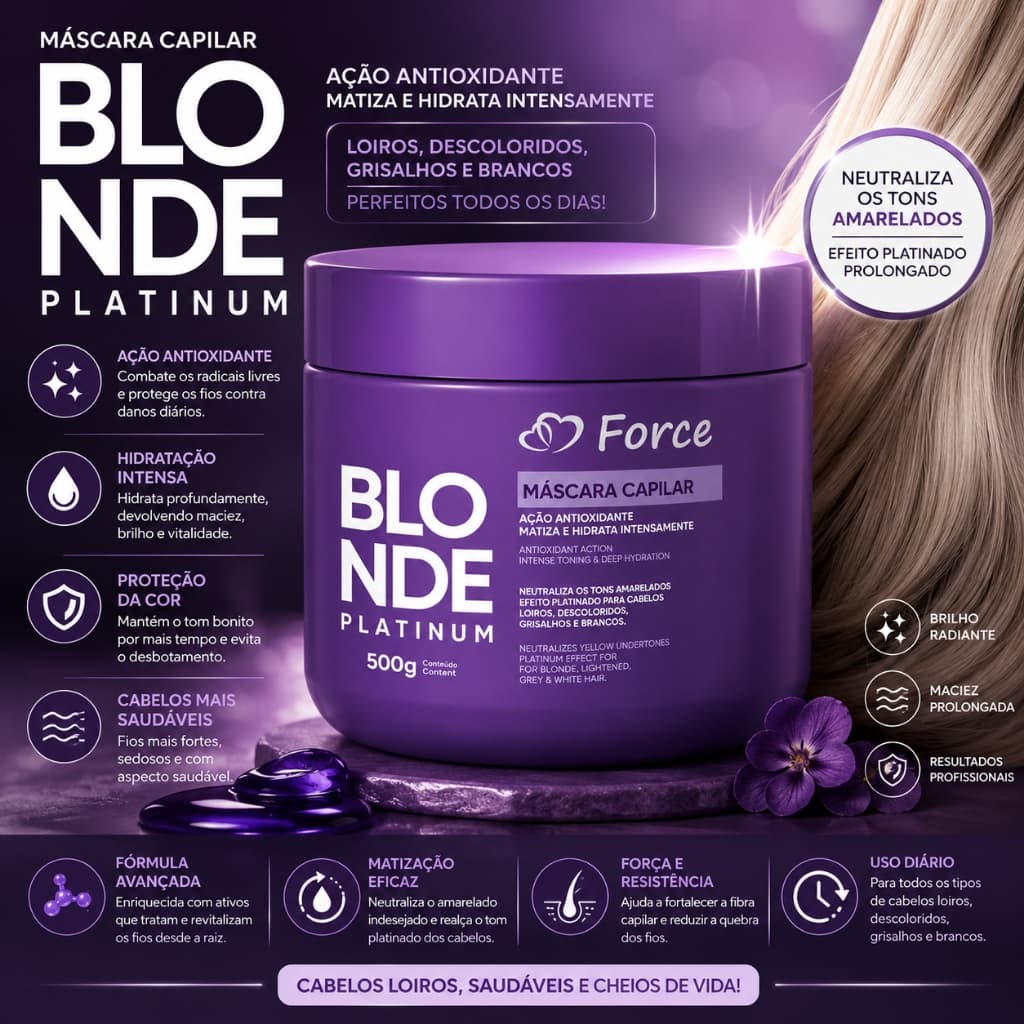 Máscara Capilar Matizadora Platinum Hidratante Force Cosméticos 500g