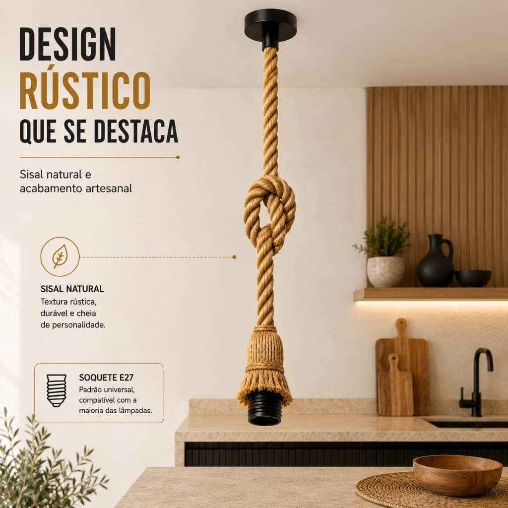 Pendente Corda Vintage 1m Decorativo E27 Para Sala Cozinha Bar Bivolt