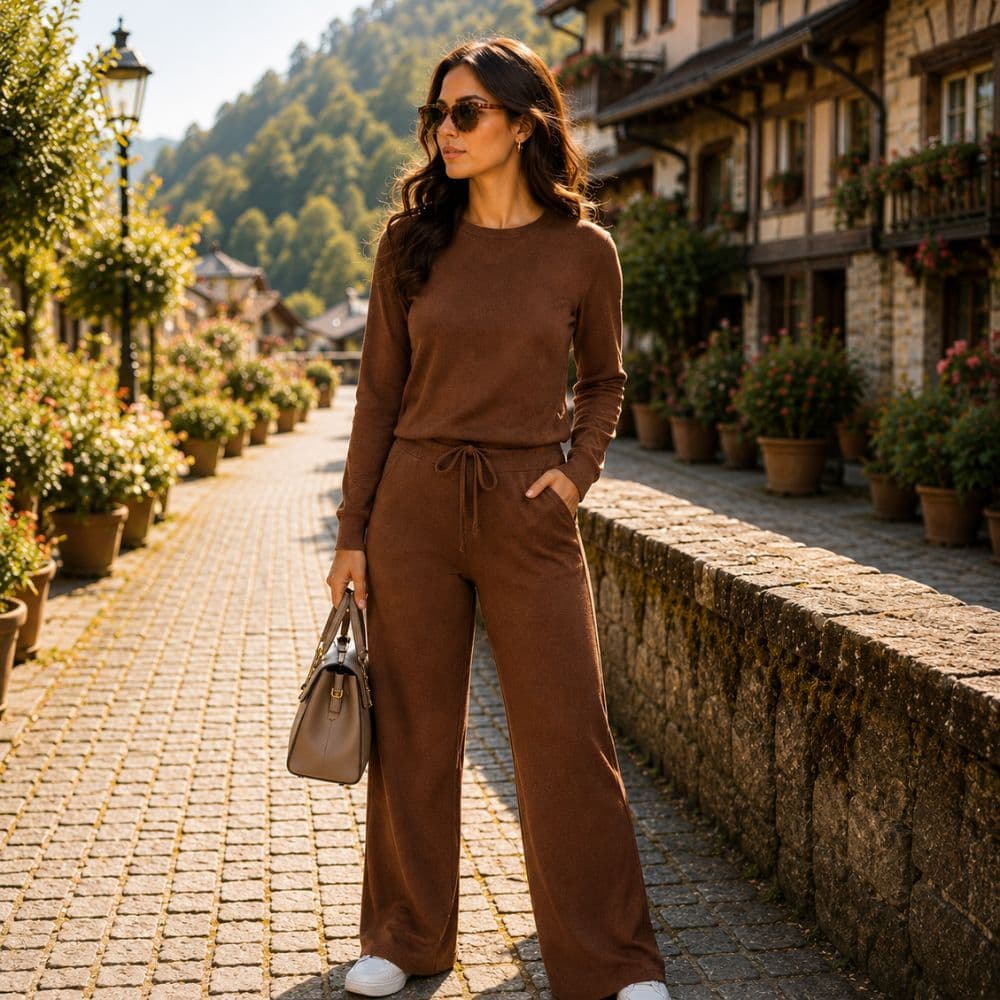 Conjunto Feminino Outono/Inverno Lanzinha Comfy | Pantalona Cintura Alta, bolsos + Blusa Manga Longa