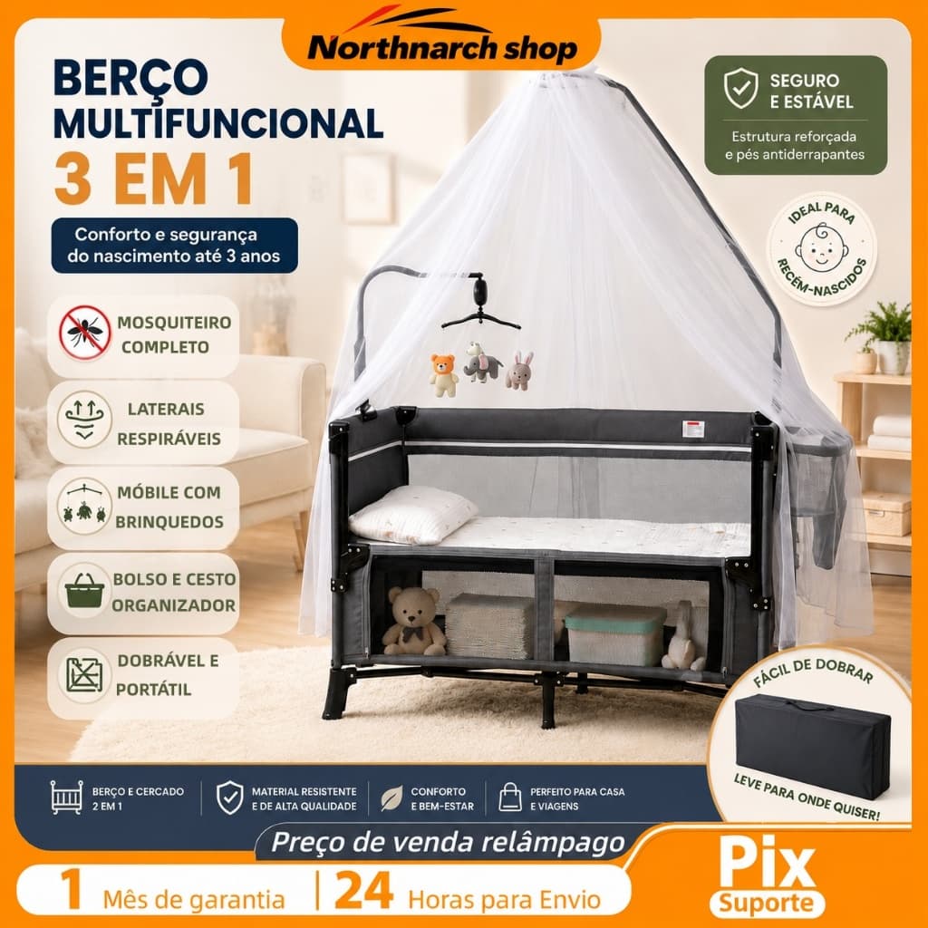 Berco Portatil Infantil Cercado Desmontavel Com Mosquiteiro e Brinquedos