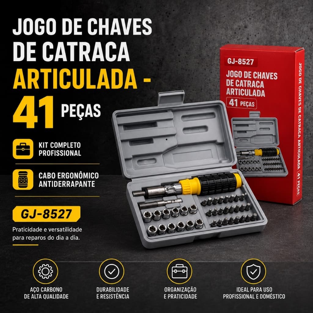 Jogo de Chaves de Catraca Articulada 41 Peças Kit Completo Profissional Cabo Ergonômico Antiderrapante Aço Carbono