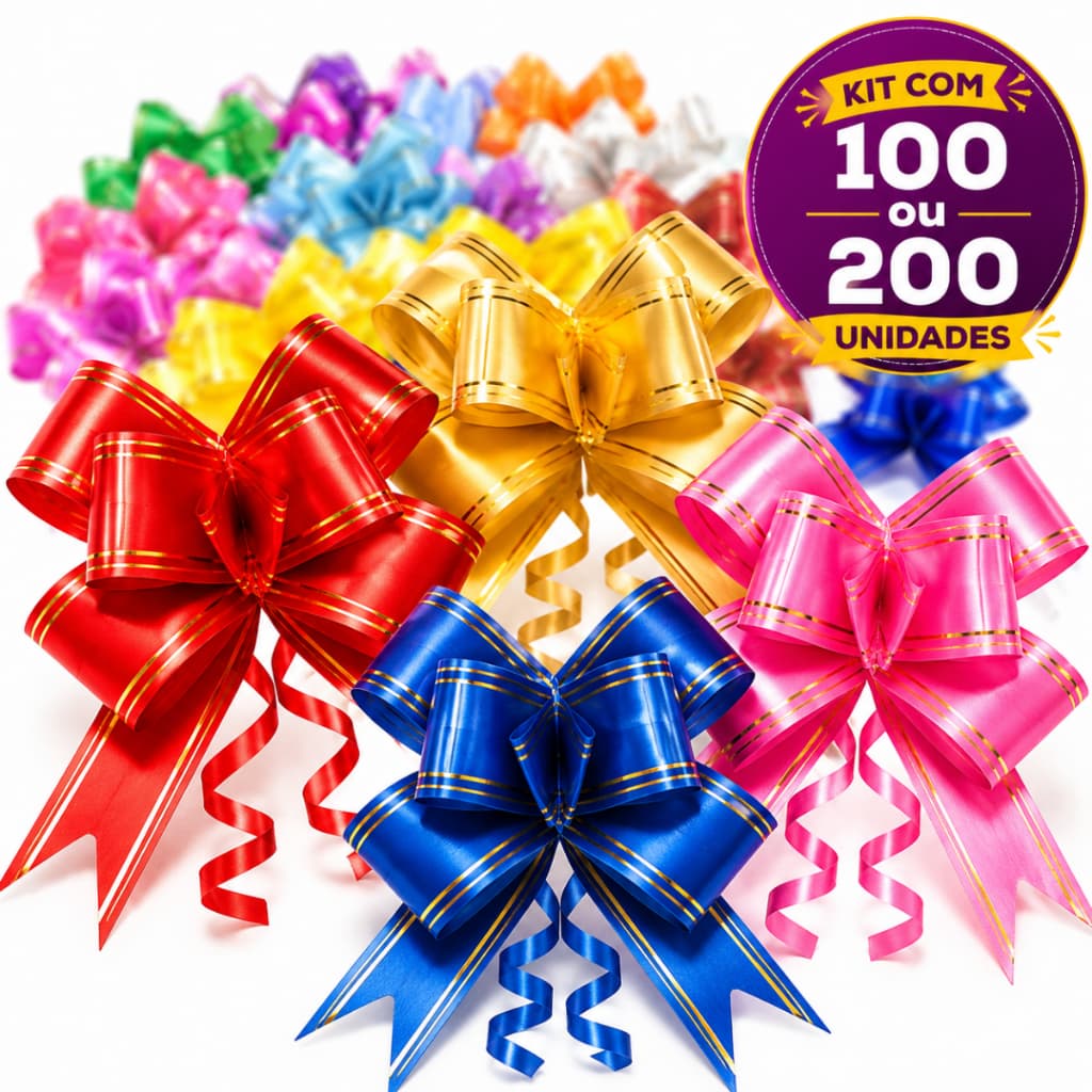 Kit 100/200 Laço Fácil Mágico Grande Para Presente Lacinho Pronto Fita Colorido Várias Cores e Tamanhos