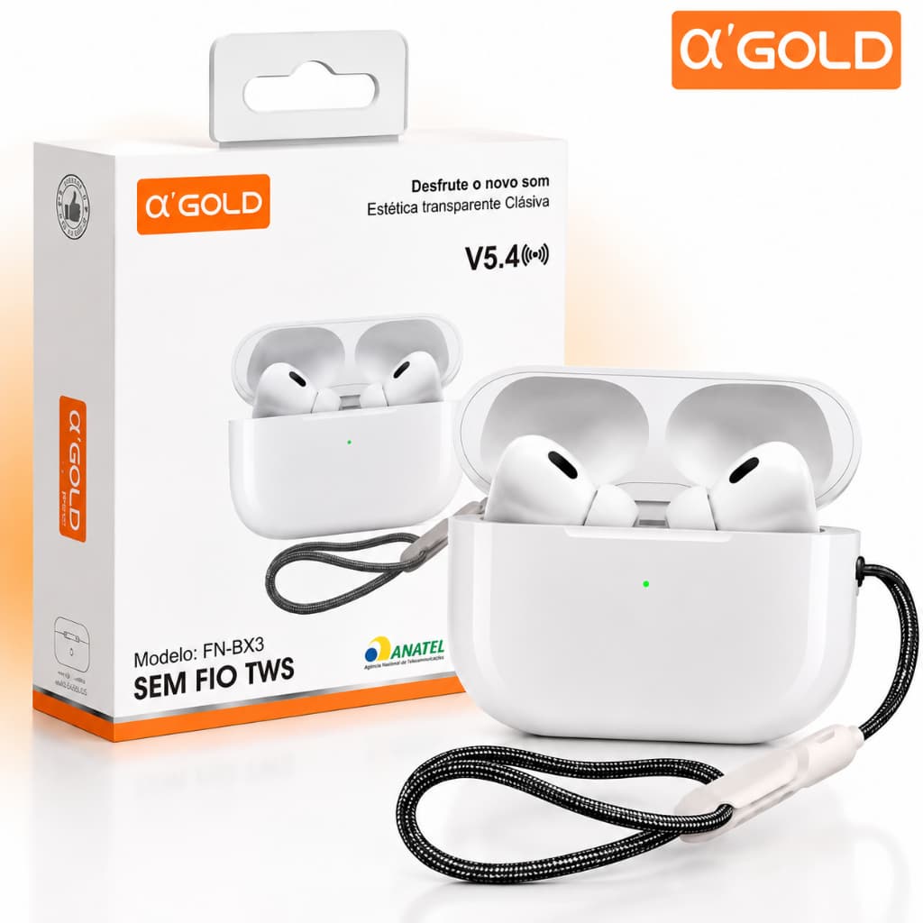 Fone de Ouvido Bluetooth V5.4 Cordinha Anti-Queda Som Potente Com Microfone e Case De Recarga A’ Gold